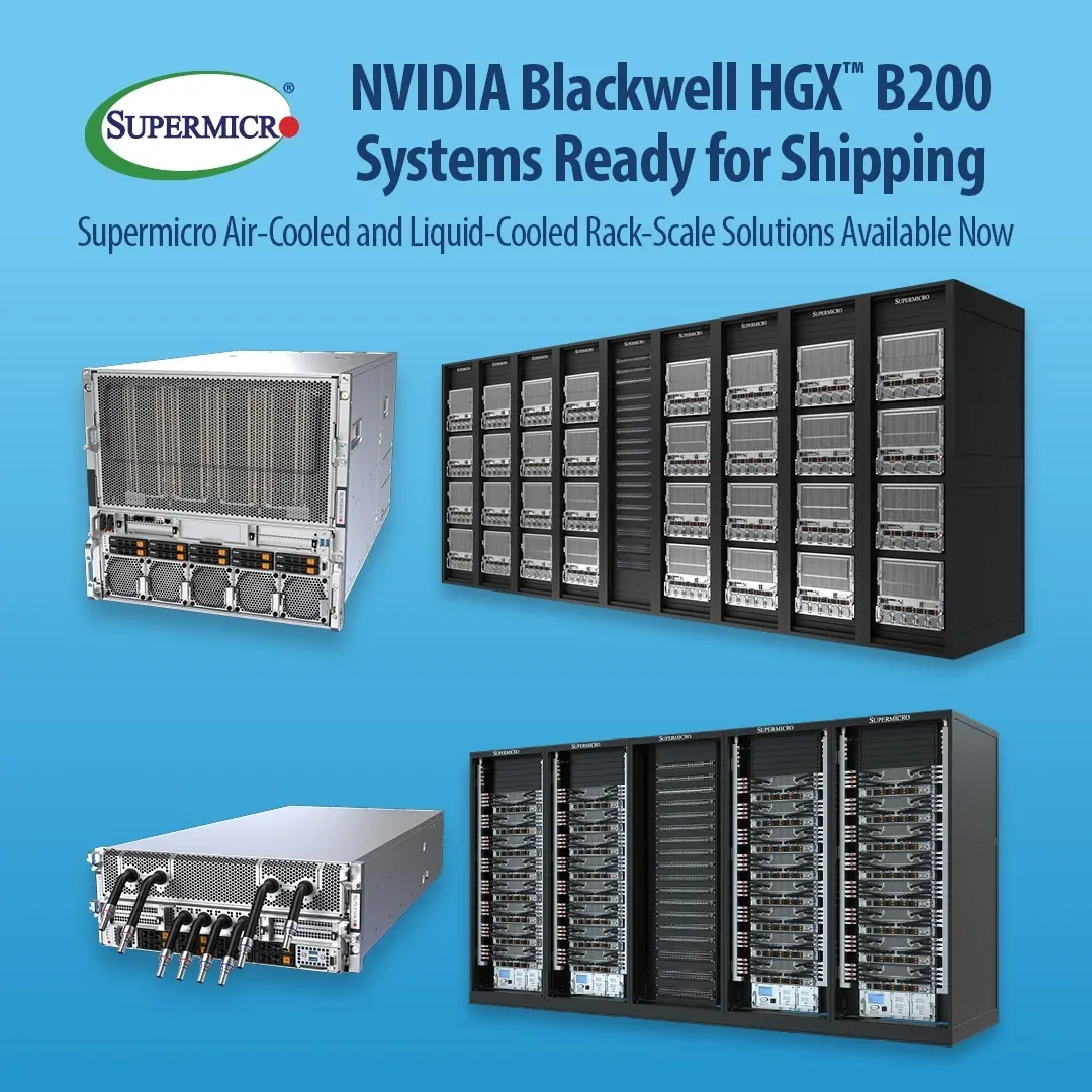 Supermicro NVIDIA Blackwell HGX B200 rack-scale system — ảnh press chính thức từ Supermicro