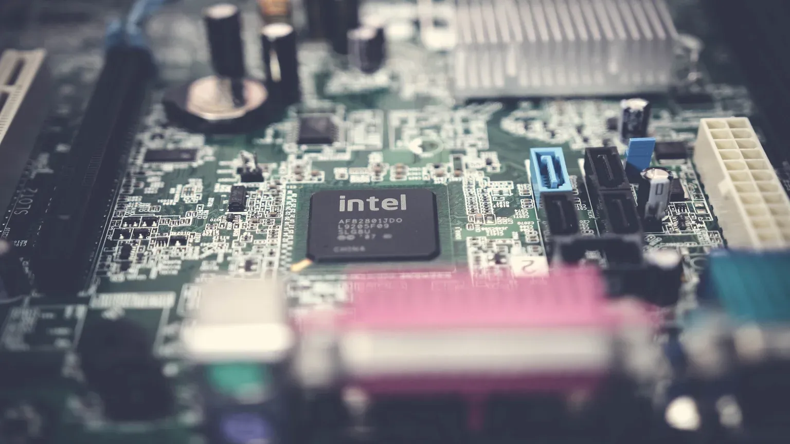 Computer hardware chip and processor on a motherboard