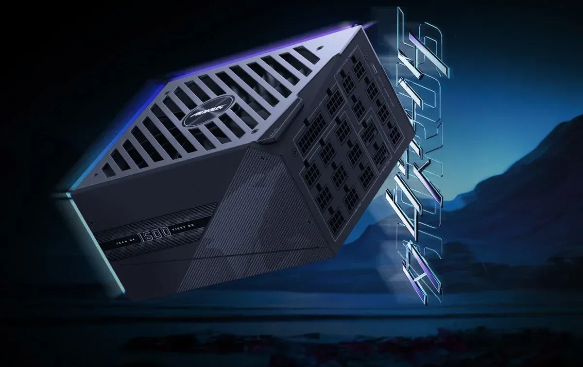 Bộ nguồn Gigabyte Aorus P1600W màu đen với thiết kế 160mm, màn hình LCD và quạt lớn minh họa cho bài viết về PSU 1600W ATX 3.1
