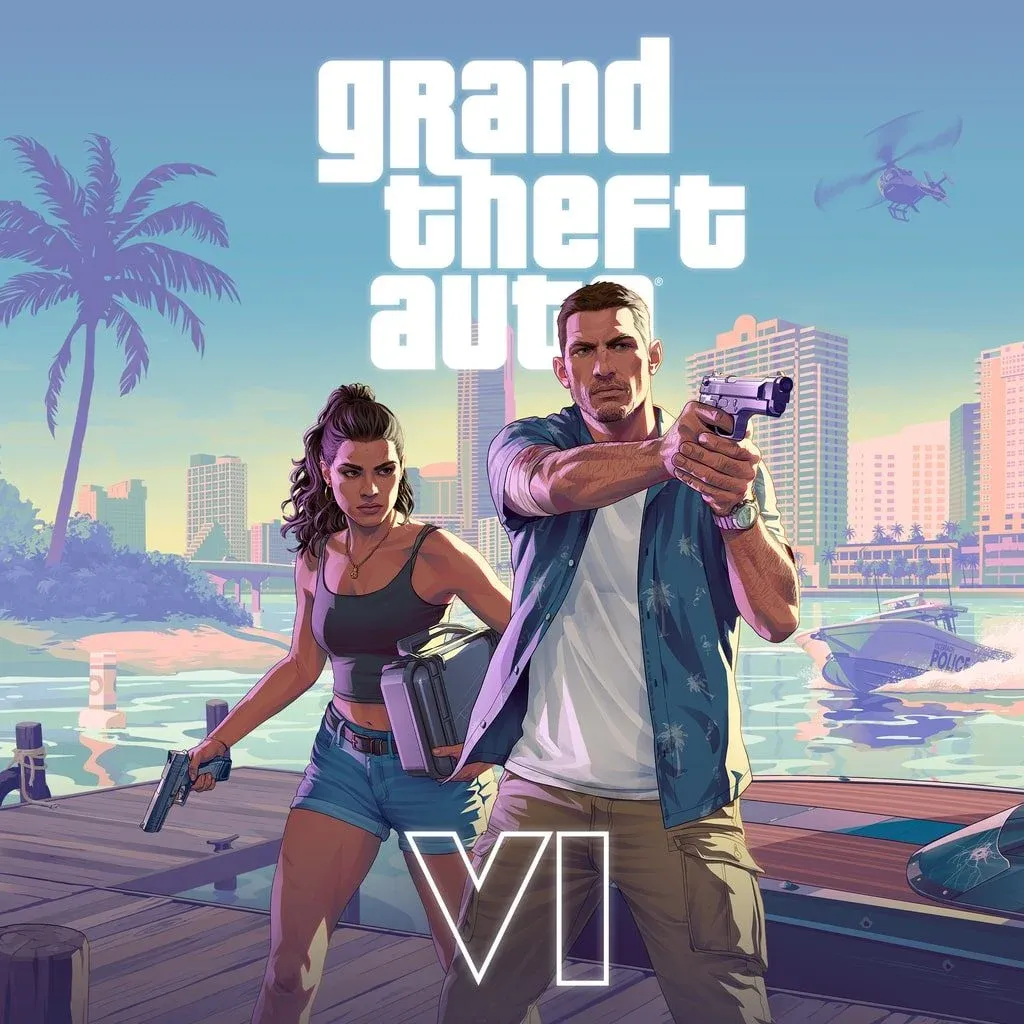 GTA VI cover art chính thức với Lucia và Jason trên nền Vice City