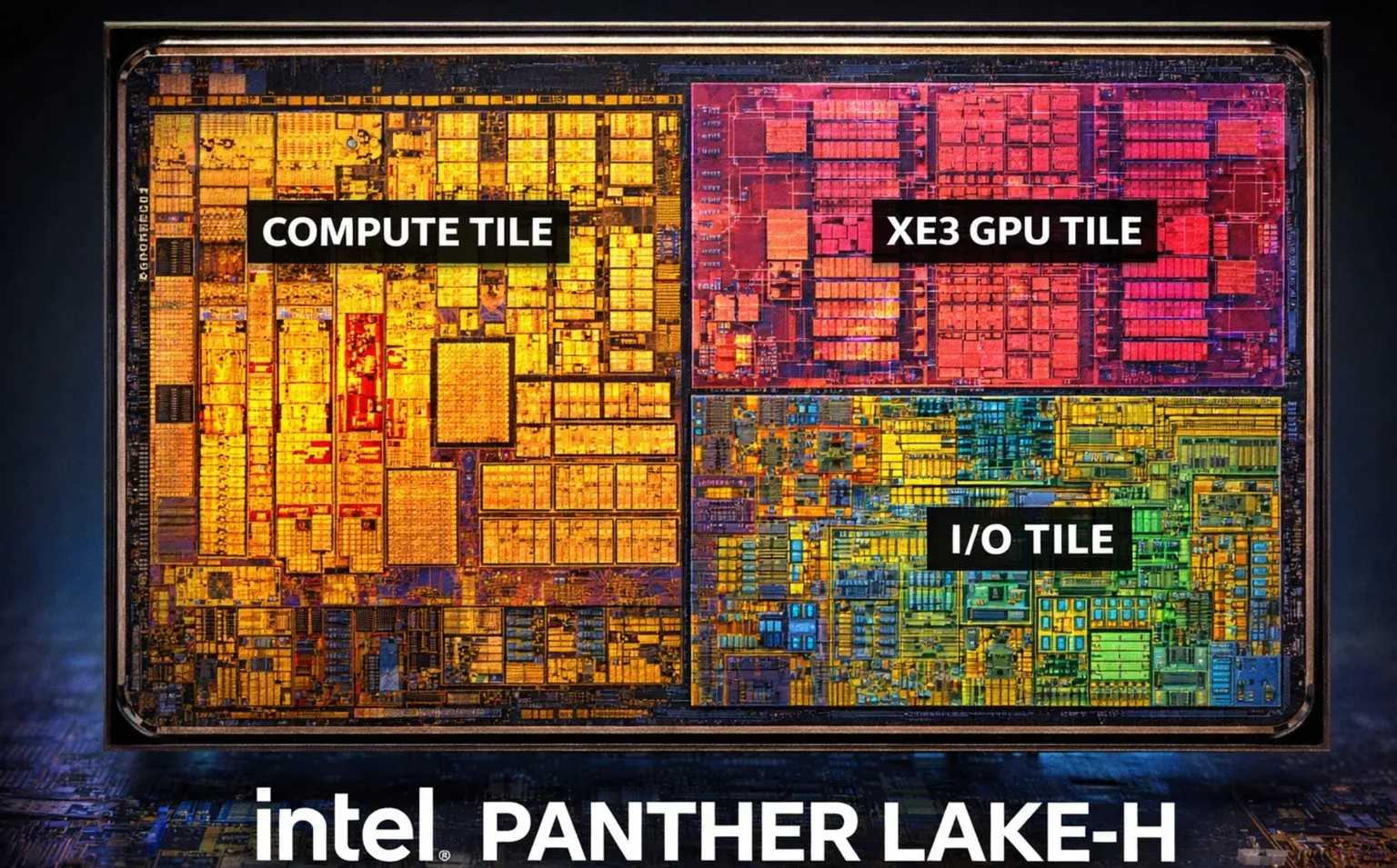 Intel Panther Lake die shot showing tile architecture on 18A process