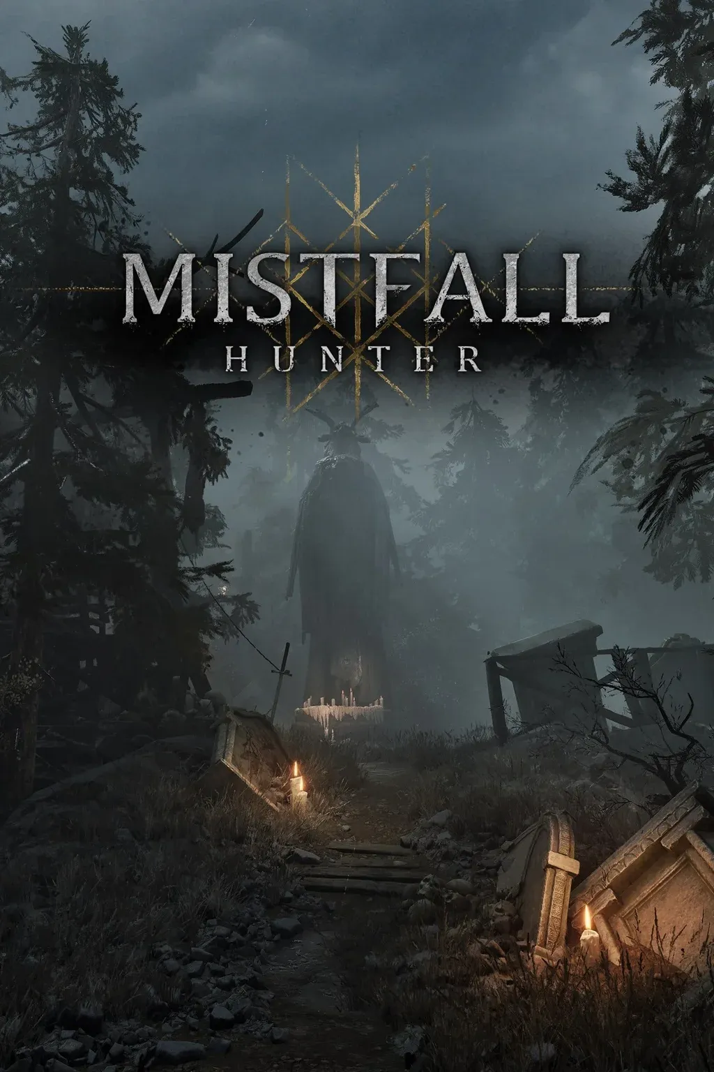Mistfall Hunter box art với phong cách dark fantasy