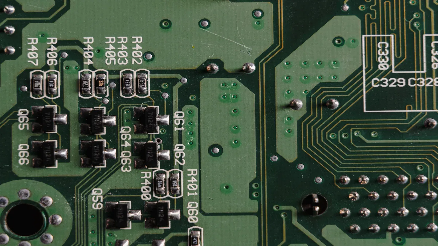 Close-up of a modern computer motherboard with chips and circuits