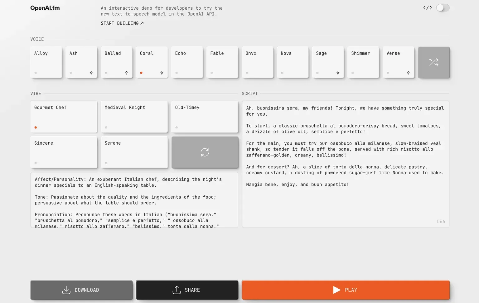 Giao diện OpenAI.fm — demo text-to-speech trực tuyến