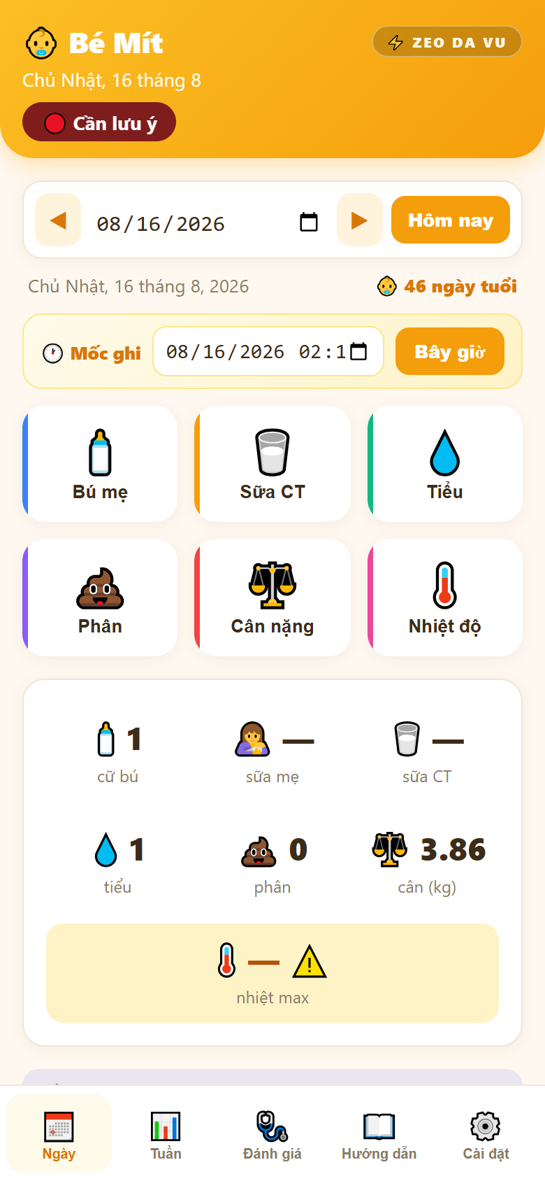Sổ Bé — màn hình chính ghi nhanh 6 khung giờ